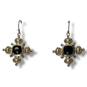 Cross Fashion Gold Tone Earrings with Black, Simulated Pearl, and Crystal Stones